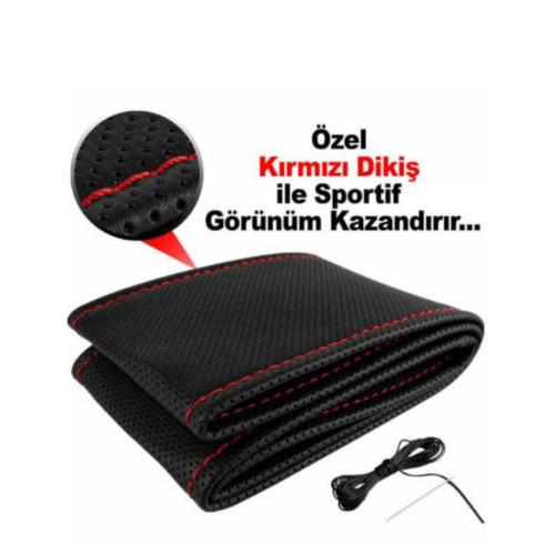 Carmind Siyah Dikmeli Direksiyon Kılıfı Noktalı Kırmızı Dikişli